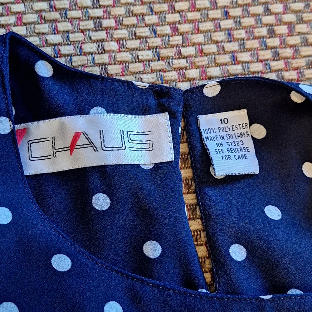 Chaus Vintage Sheer Navy and White Polka Dot Blouse And Adjustable Waist Skirt